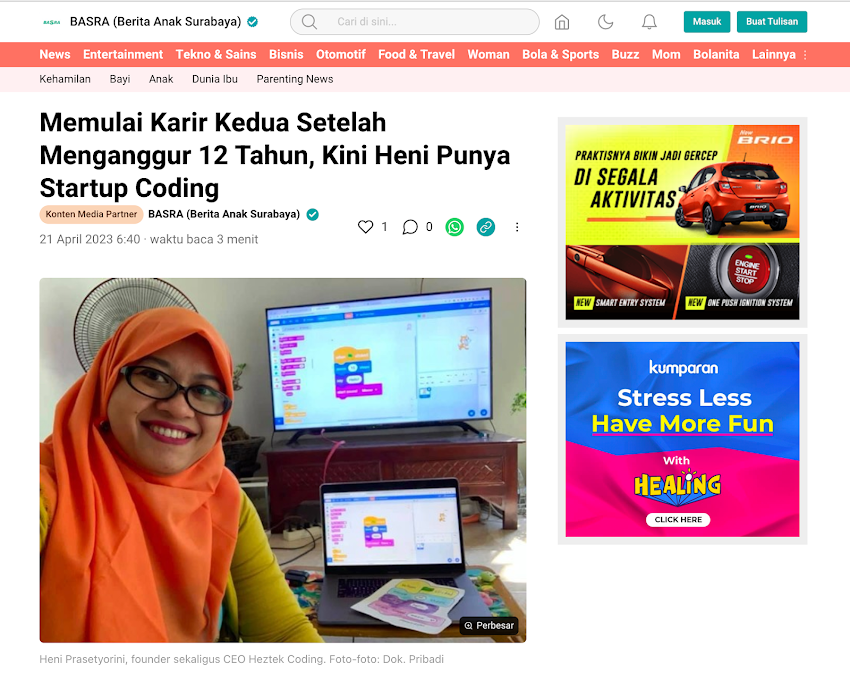 Kumparan.com : Memulai Karir Kedua Setelah Menganggur 12 Tahun, Kini Heni Punya Startup Coding