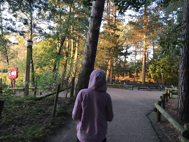 back view of Sasha as she walks through forest