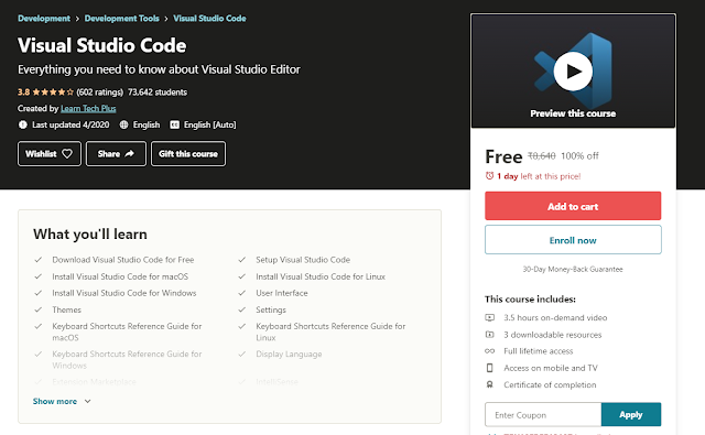 3.5 hours course Visual Studio Code worth rupees ₹8,640 with Professional Certificate