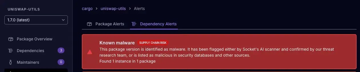 uniswap-utils dependency alert on Socket since it has a dependency containing malware (which is evm-units) (Source - Socket.dev)