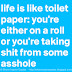 Life is like toilet paper, you're either on a roll or you're taking shit from some asshole.