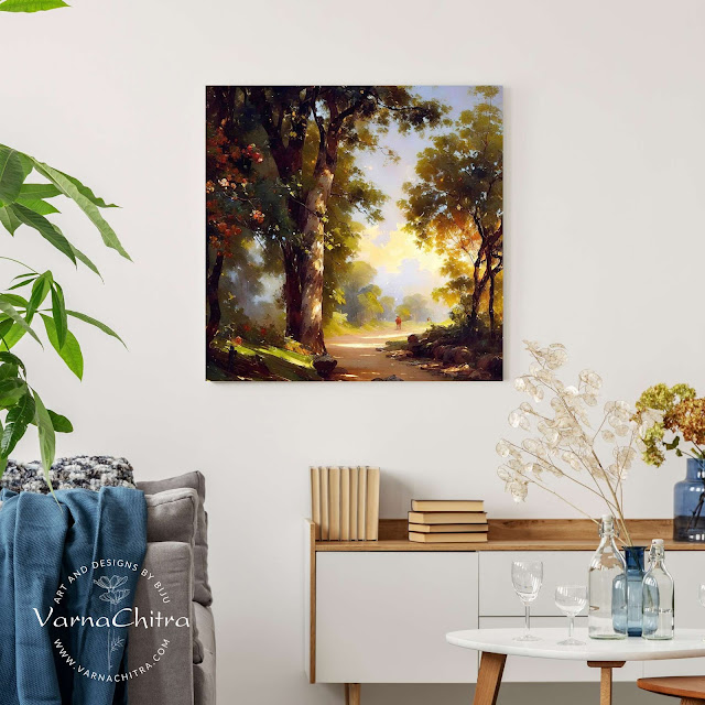 Elevate your home decor with this stunning rustic landscape print featuring a colorful and vibrant vintage oil painting. The iconic landscape design adds timeless elegance and is perfect for farmhouse style spaces. This high-quality printable wall art is available as an instant digital download, making it a convenient and affordable way to transform your walls. Bring a touch of vintage charm to your living space with this colorful and vibrant art piece that is sure to create a lasting impression.Colorful Landscape Painting in Portrait Orientation by Biju Varnachitra