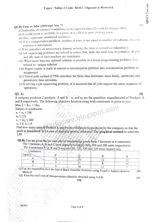 operation research question paper madras university