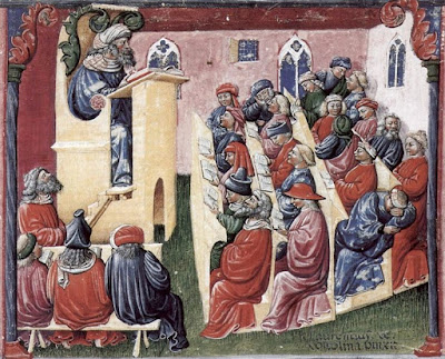 "Henrique da Alemanha com seus estudantes", pintura de Laurentius de Voltolina (circa 1300) pertencente ao acervo de Kupferstichkabinett Berlin.