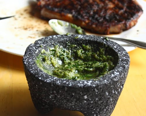  or other mortar in addition to pestle type grinding device Simple Raw Green Sauce
