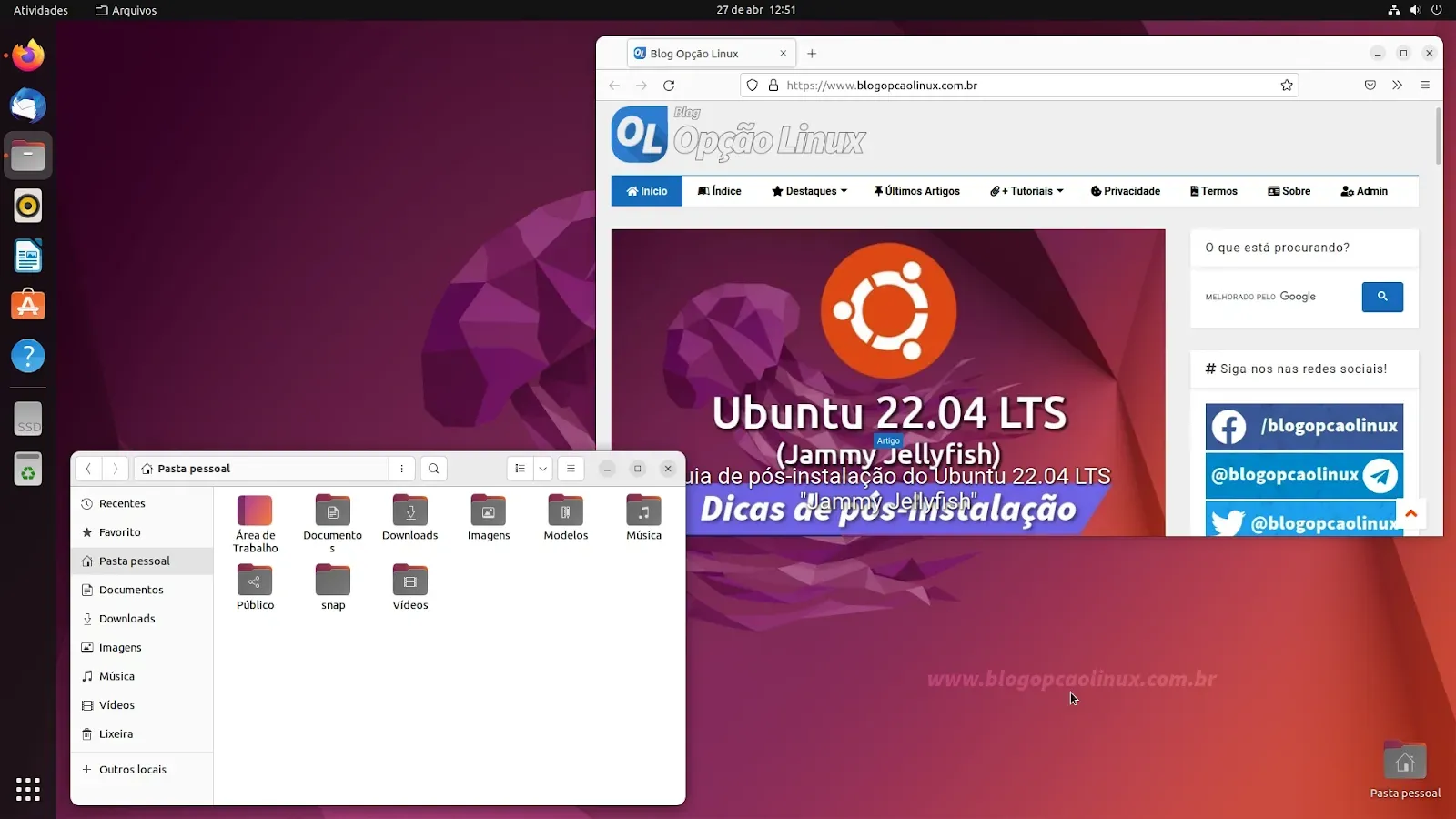 Área de trabalho do Ubuntu 22.04 LTS 'Jammy Jellyfish' recém-instalado