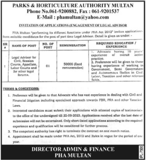 Parks & Horticulture Authority Legal Jobs In Multan 2023