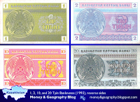Kazakhstan 1, 2, 10, and 20 Tyin banknotes, 1993 (obverse sides)