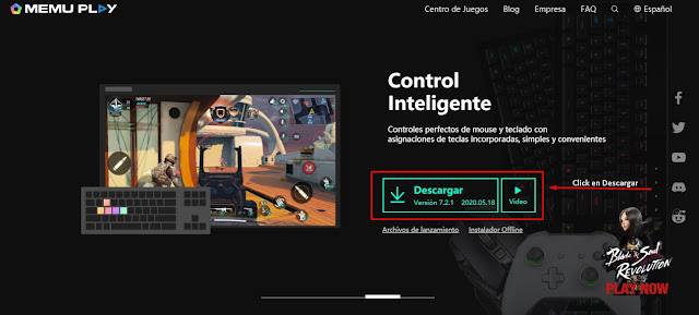 Pantalla del sitio Memu Play para descargar aplicación en español