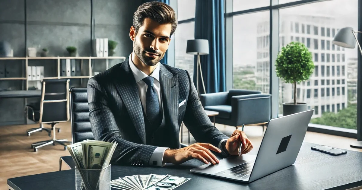 Um homem de negócios, vestindo um terno, está sentado à mesa em um escritório moderno com grandes janelas. Na mesa, há um laptop e uma caneta que ele segura. Uma pilha de dinheiro está em um suporte sobre a mesa. Ao fundo, há móveis de escritório, incluindo cadeiras, prateleiras com pastas e plantas em vasos. Através das janelas, é possível ver a vista dos prédios da cidade, indicando um ambiente profissional e sofisticado.