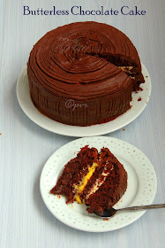 Chocolate Cake with Eggless Orange Custard Cream, Eggless White Chocolate Mousse and Chocolate Ganache, Butterless chocolate cake