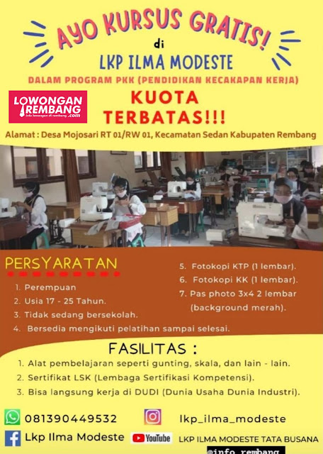 Ayo Kursus Gratis LKP Ilma Modesta Mojosari Sedan Rembang Tanpa Syarat Pendidikan