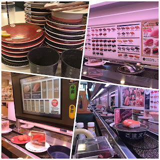 A collage of four pictures from a kaiten (conveyor belt) sushi restaurant: from top right clockwise, extensive menu, special order, computer screen, and stacked plates