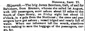 Climbing My Family Tree: The James Beacham Shipwreck,   as reported in The Washington National Intelligencer