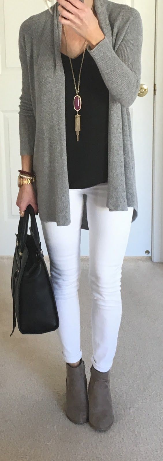 stylish look : grey cardi + black top + bag + white skinnies + boots