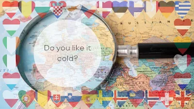 heart-shaped flags featuring the different countries in the EU, EEA, and UK. The background image is a map of Europe with a magnifying glass over it. A text overlay that reads "Do you like it cold?" is centered within the magnifying glass