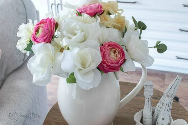 cottage florals in white pitcher