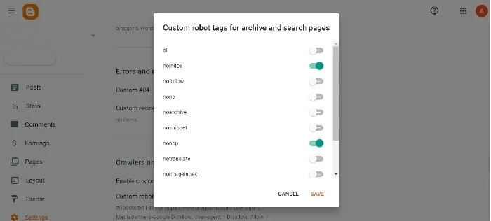 Custom robots header tags setting in blogger-Archive and search pages