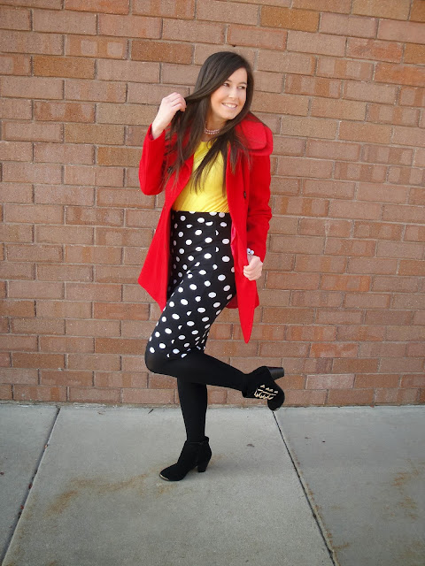 red coat, ILY COUTURE, ilycouture, polka dot skirt, forever 21 skirt, deb shop, booties, ankle booties, yellow sweater,