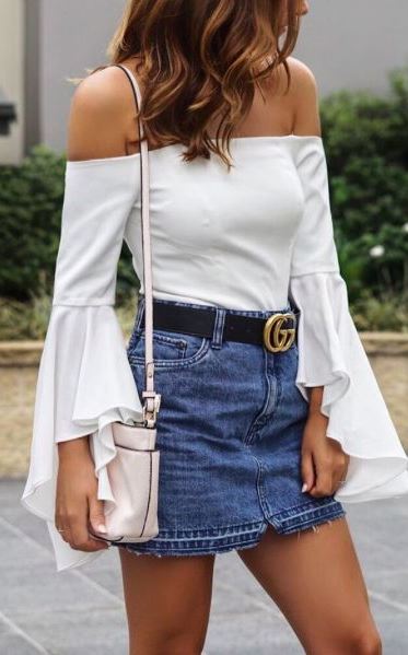 fashion trends / white off shoulder top + bag + skirt
