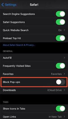 toggle off Block Pop-ups in Safari Settings