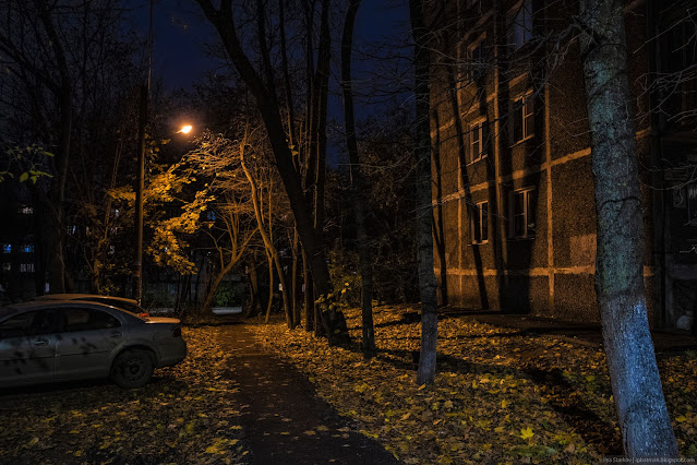 Пешеходная дорожка под фонарем ночью осенью
