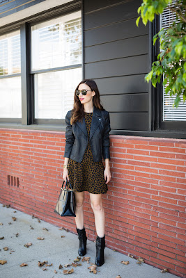 animal print dress with faux leather moto jacket on M Loves M @marmar