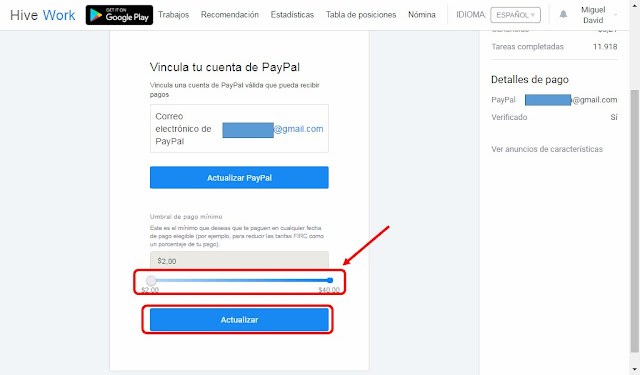 Establecer mínimo de retiro en Hive Work y actualizar.