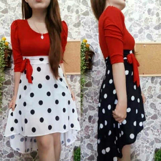 Red high low dress three quarter sleeve with dots skirt