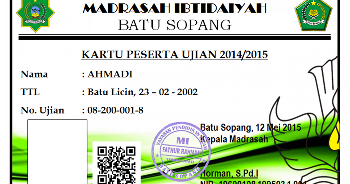 CONTOH KARTU PESERTA UJIAN TP 2014/2015 ~ MIS FATHURRAHMAN 