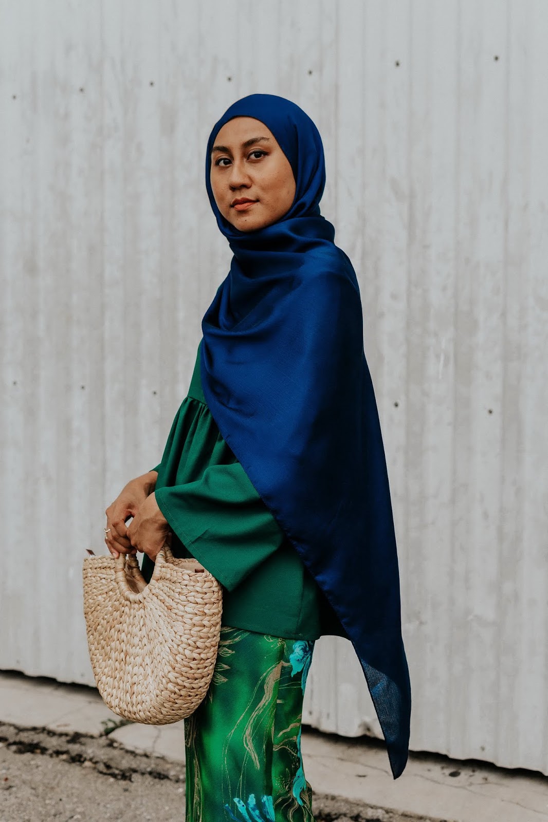 Eid Al Adha Forest Green Baju Kurung Sapphire Blue Hijab Woven