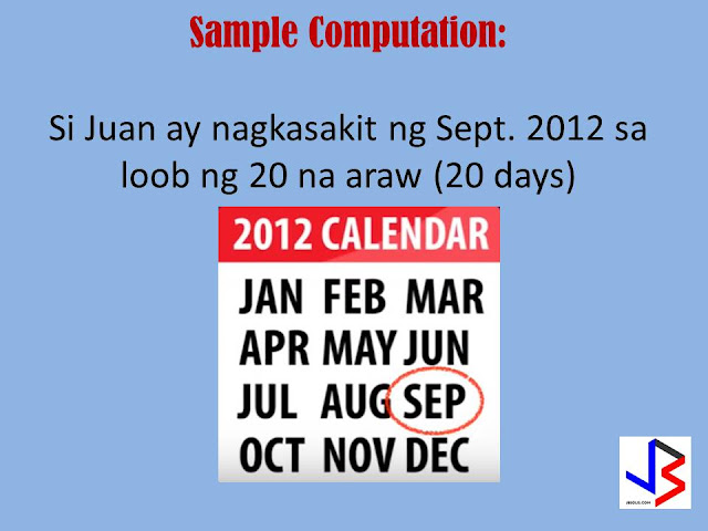  SSS members who become sick can claim for sickness benefits. However, the sickness benefit may vary depending on the monthly contribution of the member.   For your guide on SSS sickness benefit claim, you may refer to the information and example  below.     Sickness Benefit Computation The amount of a member's sickness benefit per day is equivalent to ninety percent (90%) of the member's average daily salary credit.      Benefit Computation:  1. Exclude the semester of sickness.    -A quarter refers to three consecutive months ending March, June, September or December.     -A semester refers to two consecutive quarters ending in the quarter of sickness.                           Example: An SSS member got sick for 20 days on the month of September 2012.     The quarter of sickness will include the months of July, August and September.    And the semester of sickness will be from April 2012 to September 2012. The semester of sickness will be excluded in the computation.    2. Count 12 months backwards starting from the month immediately before the semester of sickness.   3. Identify the six (6) highest MSCs within the 12-month period. Monthly salary credit (MSC) means the compensation base for contributions and benefits related to the total earnings for the month.    The maximum covered earnings or compensation is P16,000, effective January 1, 2014. Please refer to the following table:    Monthly salary credit salary credit means the compensation base for contributions and benefits related to the total earnings for the month.     4. Add the six (6) highest MSCs to get the total MSC.     5. Divide the total MSC by 180 days to get the ADSC.     6. Multiply the ADSC by ninety percent (90%) to get the daily sickness allowance.     7. Multiply the daily sickness allowance by the approved number of days to arrive at the amount of