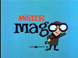 Momento final de los créditos iniciales de Mr. Magoo en que éste asoma los ojos a través de las o dobles de su nombre y su nariz característica