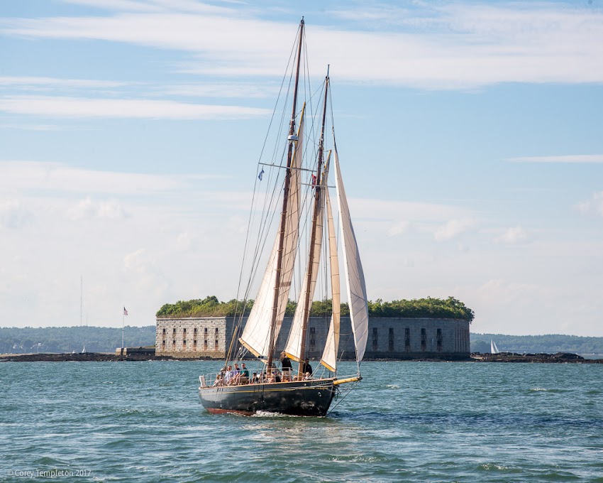 Portland, Maine USA August 2017 photo by Corey Templeton. Portland Schooner Co.'s Bagheera sailing in front of Fort Gorges in last weekend's nice weather.