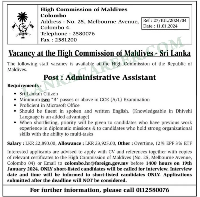 High Commission of Maldives Official Advertisement of Job Vacancies 2024