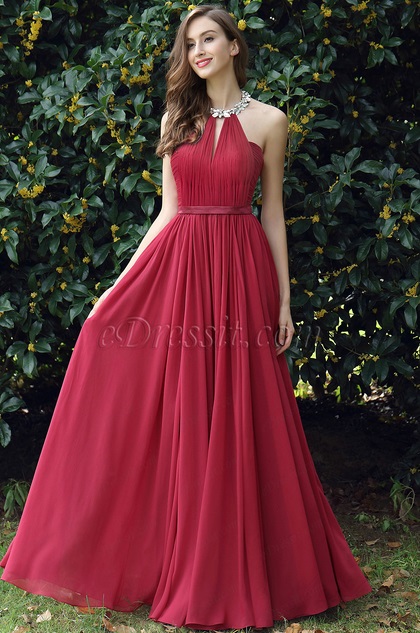 eDressit Burgundy Pleated Halter Formal Evening Dress