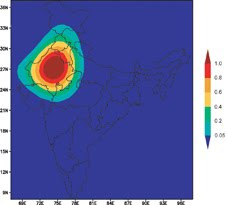 The averaging function (spatial weighting) used to estimate terrestrial water storage changes from GRACE data is mapped.