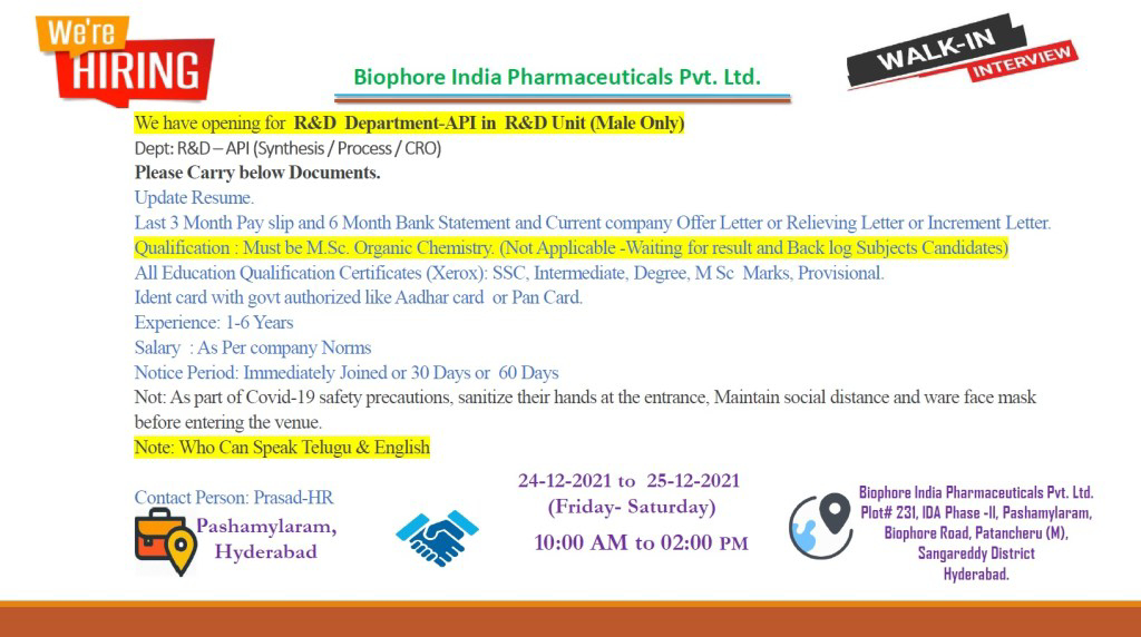 Job Availables,Biophore India Pharmaceuticals Pvt. Ltd. Walk-In-Interview For MSc Organic Chemistry