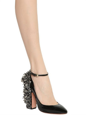 Rochas Black patent embellished ankle strap block heel pumps