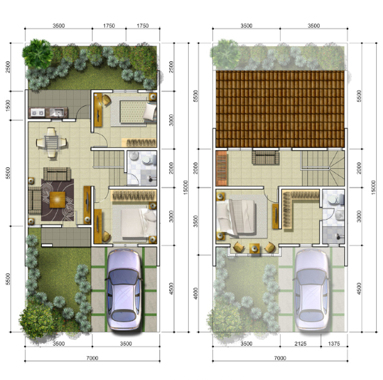 11 Denah rumah minimalis ukuran 7x15 meter 3 kamar tidur 2 