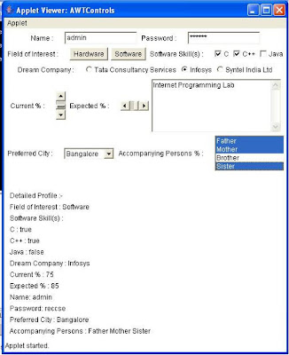 Choice button, scrollbar, Text fields, check box list to implement in java program