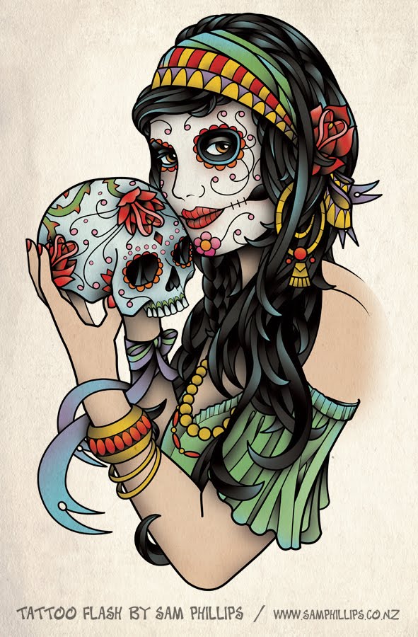 I designed this tattoo of a gypsy holding a sugar skull for Pip Elrington