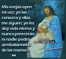 "Mis ovejas oyen mi voz,  yo las conozco y ellas me siguen.  Yo les doy vida eterna y nunca perecerán,  ni nadie podrá arrebatármelas de las manos"....