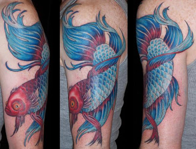 photo blue japanese koi tattoo picture with a red head on a man's sleeve