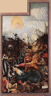 This subject gave artists an opportunity to let their imaginations run riot in the creation of monstrous demons, and Griinewald responded with tremendous gusto. Once again the theme of healing is apparent. The piece of paper at the right says, in translation, 'Where were you, good Jesus, where were you? Why did you not help me and heal my wounds?' Christ, in fact, is there, in the sky, responding to the saint's plea and dispatching his angels to fight off the demons.