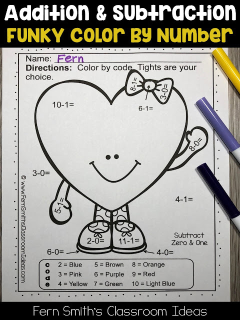 You will love the no prep, print and go ease of these St. Valentine's Day Color By Number Addition, Subtraction, Multiplication, and Division FUNKY Valentines Themed Printables. This FUNKY St. Valentine's Day Color By Number Addition, Subtraction, Multiplication, and Division Printables include 20 pages for introducing or reviewing addition, subtraction, multiplication, and division. This bundle is perfect for differentiation in ESOL, ESL, Home Schooling and Special Education Classes.