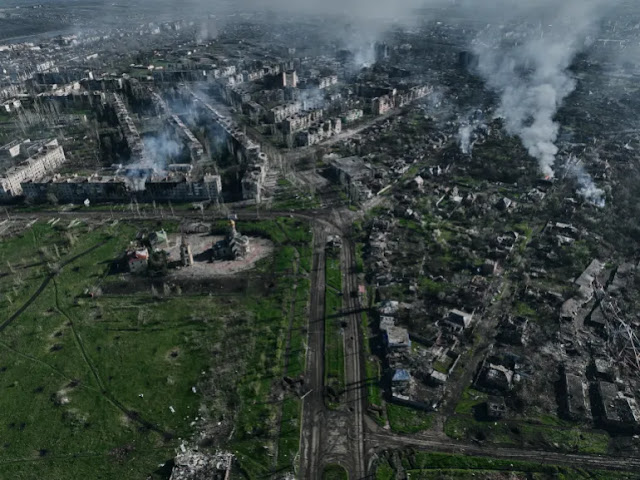 Smoke rises from buildings in this aerial view of Bakhmut, the site of the heaviest battles with the Russian troops in the Donetsk region, Ukraine on April 26, 2023