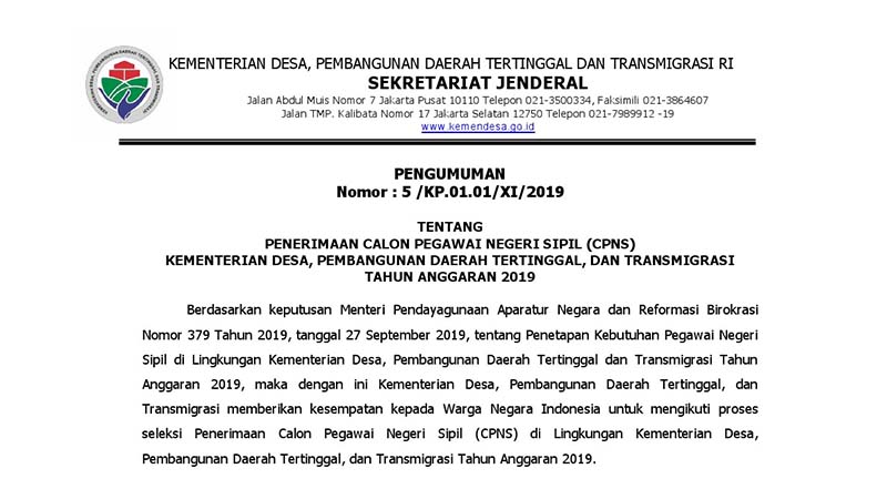 Penerimaan Cpns 2019 Kementerian Desa Pdt Transmigrasi 230