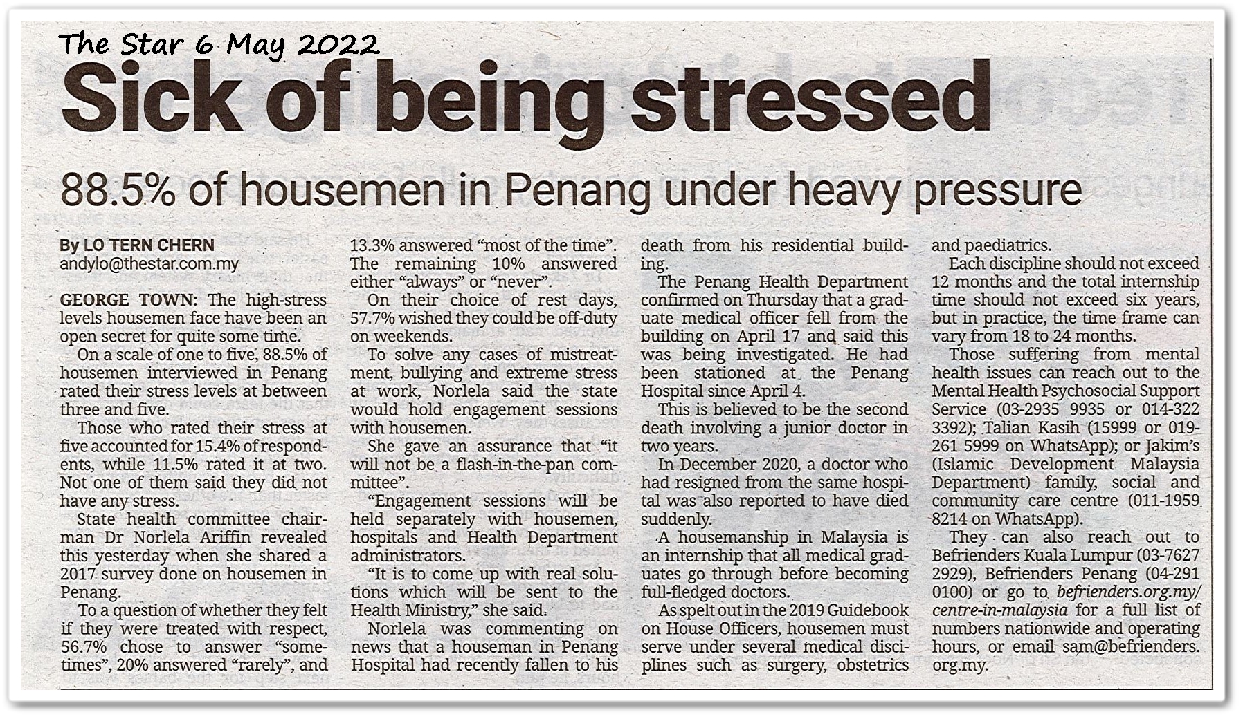 Sick of being stressed ; 88.5% of housemen in Penang under heavy pressure - Keratan akhbar The Star 6 May 2022