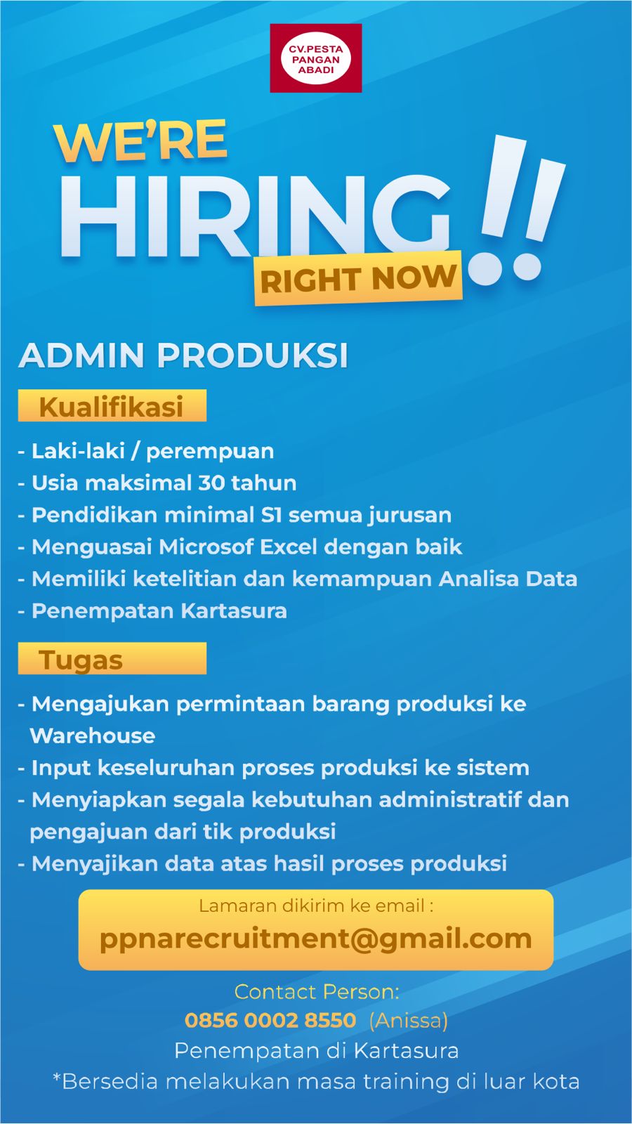 Loker Solo di CV Pesta Pangan Abadi Staff Accounting, SPV Accounting, dll